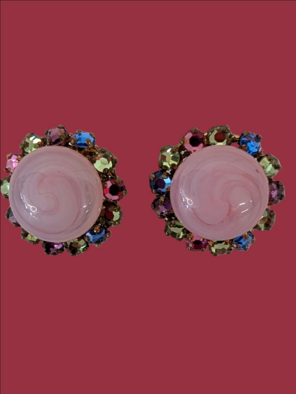 Vintage Earrings Miriam Haskell  Pink Glass Cabochon  Crystal Flower Clip On